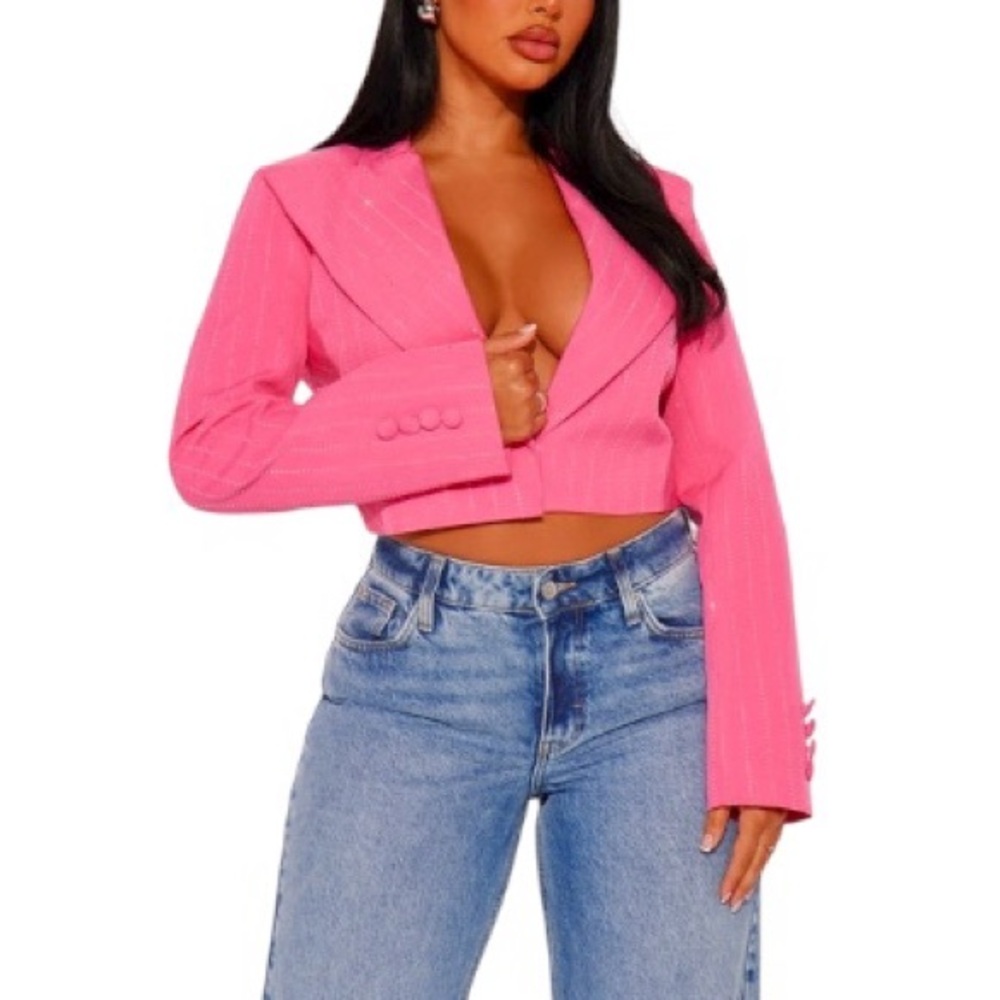 Fashion Nova Rhinestone Hot pink Glam Versatile Cropped Linen Blazer Jacket L